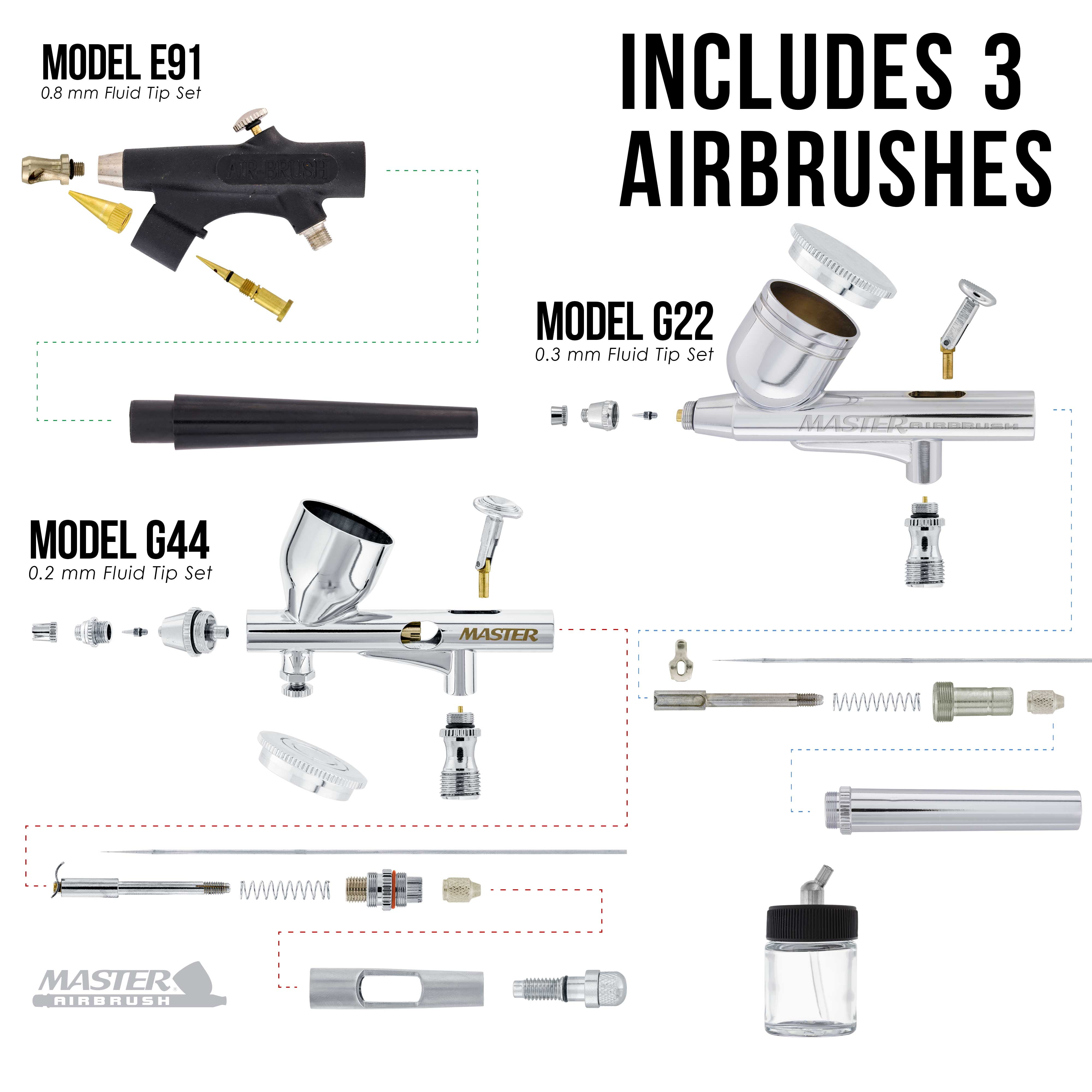 Master Airbrush Cool Runner II Dual Fan Air Compressor Professional Fine Detail Control System Kit with 3 Airbrushes, 0.2, 0.3mm Gravity and Siphon Feed - Hose Quick Release Set, Holder, How-To Guide