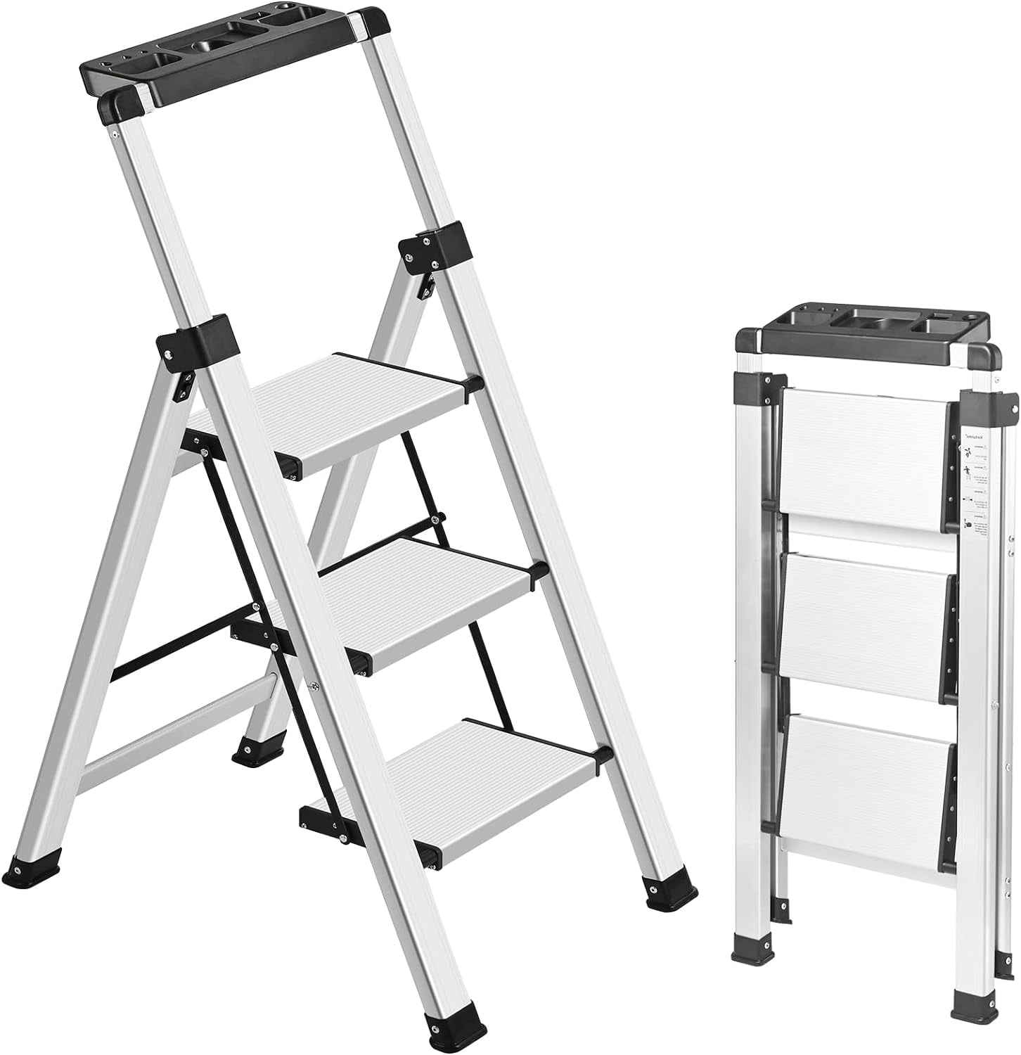 Aluminum 3 Step Ladder - Retractable Handgrip Folding Step Stool, 330 lbs Capacity, Wide Anti-Slip Pedals, Safety Household Ladder for Home, Kitchen, Closet