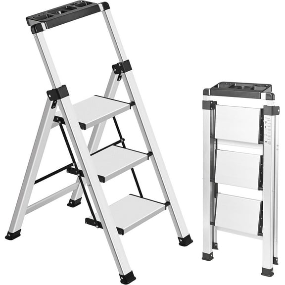 3 Step Ladder, Retractable Handgrip Folding Step Stool Ladders with Anti-Slip Wide Pedal, Aluminum 3 Steps, 330lbs Safety Household Ladder