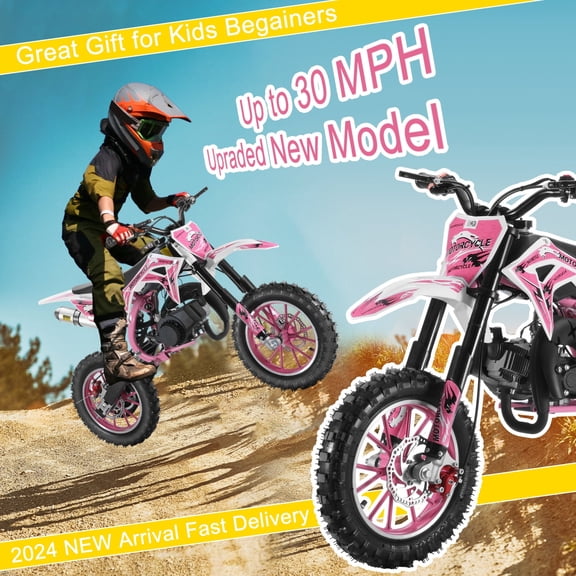 Pink 50cc Dirt Bike for Kids Girls, 2-Stroke Gas Powered Off-Road Motorcycle, Hydraulic Disc Brakes, 10" Tires, 330LBS Load, Youth Motocross Bike