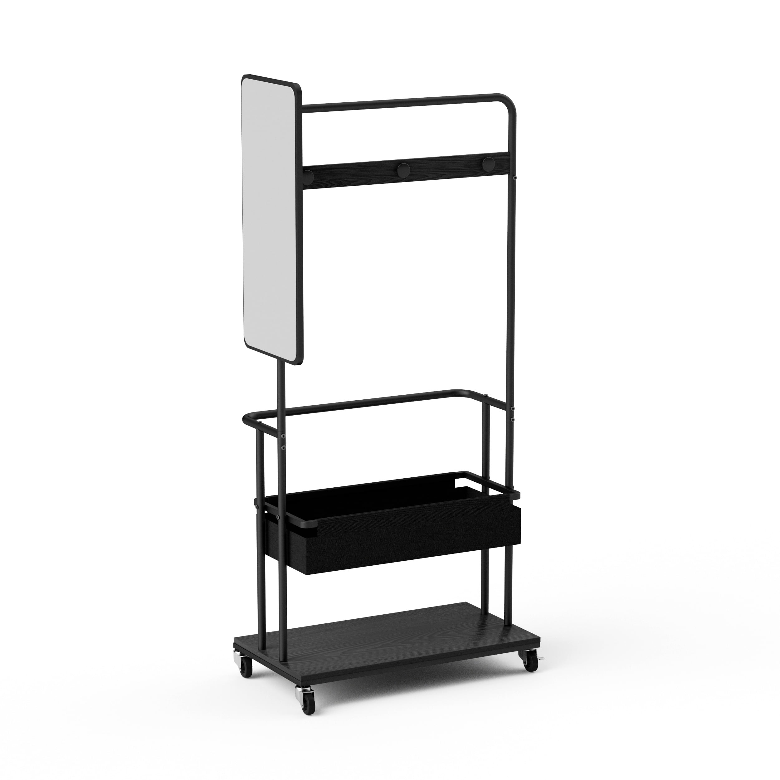 Sturdy metal coat rack with casters, 3-in-1 design, includes a basket and mirror, hanging coat rack, mobile coat rack with casters, large storage capacity, Black, 27.6″L x15.7"W x 67.0"H