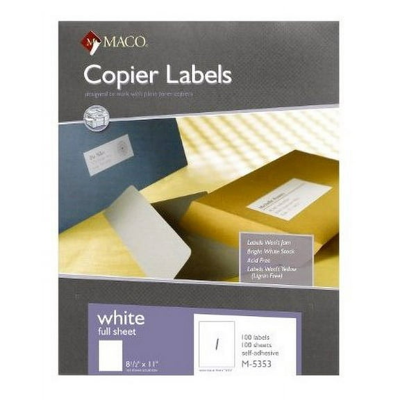 Maco White Full Sheet Copier Labels (ML-5353), 8-1/2" x 11", 1-Up - Box of 100 Labels / Sheets