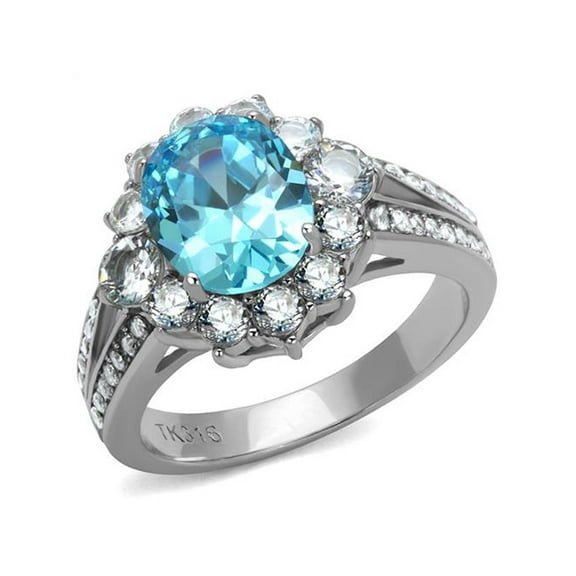 Women's 3.58 Ct Oval Cut Sea Blue Cz Stainless Steel Halo Engagement Ring Size 6
