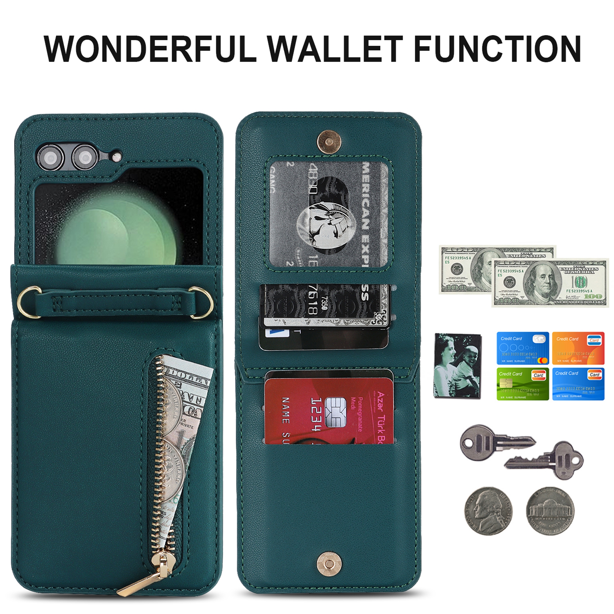 Decase for Samsung Galaxy Z Flip 5 Luxury Zipper Wallet Phone Case, Multi-Function Kickstand Card Holder Adjustable Fashion Flip Cover Case with Crossbody Strap for Samsung Z Flip 5 5G,Darkgreen