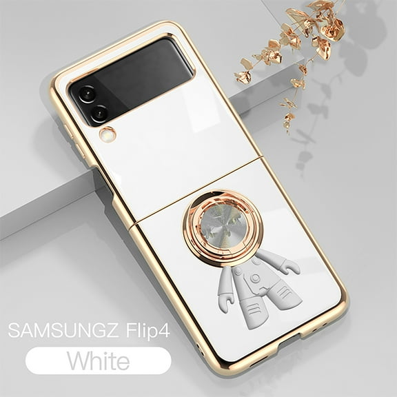 Nalacover for Samsung Galaxy Z Flip 4 Slim Case,Cute Cartoon 6D Plating Astronaut Hidden Magnetic Ring Kickstand Soft TPU Shockproof Corner Protection Drop Proof Edge Bumper Cover.White