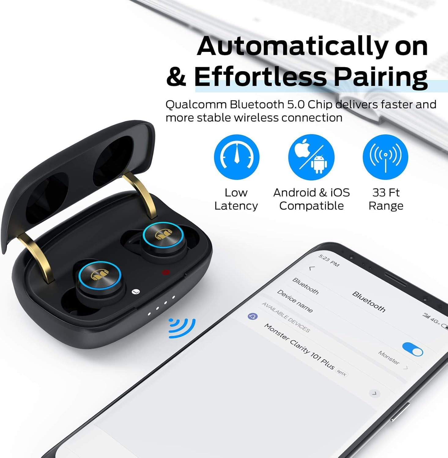 Monster Wireless Earbuds, Bluetooth 5.0 in-Ear Headphones with Charging Case, Stereo Earphones Deep Bass Sound, Built-in Mic, Clear Call, Water Resistant Design for Sports