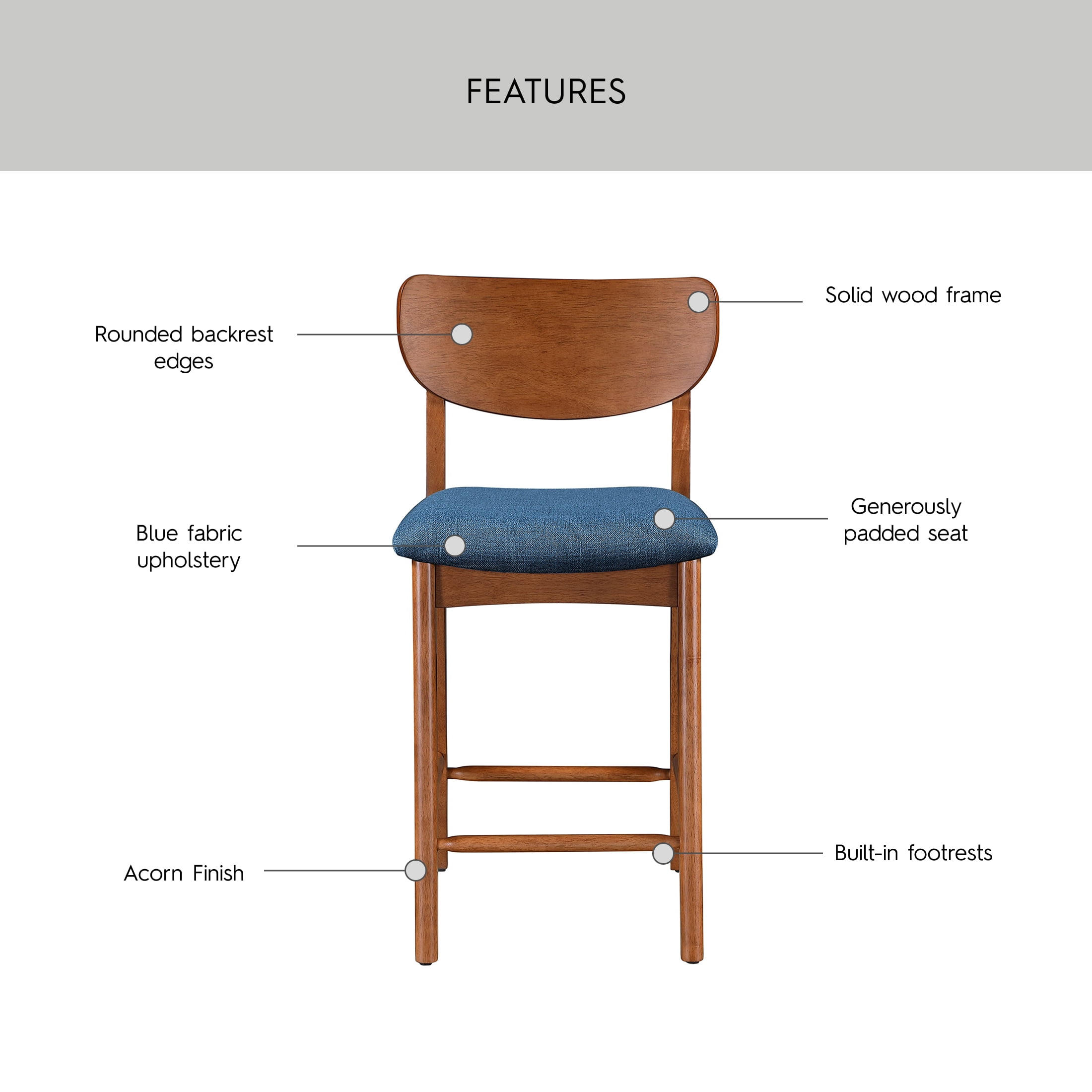 Better Homes & Gardens Greyson Counter-Height Stools, Blue Fabric Seat, Set of 2