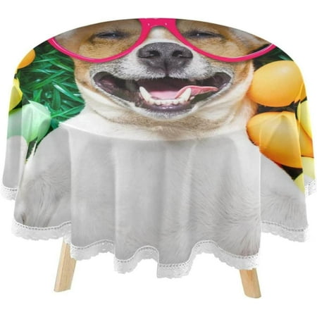 SKYSONIC Funny Easter Dog Eggs Round Tablecloth 60inch Indoor Wrinkle Free, Circular Lace Table Cover Washable for Kitchen Party BBQ Dining Decor