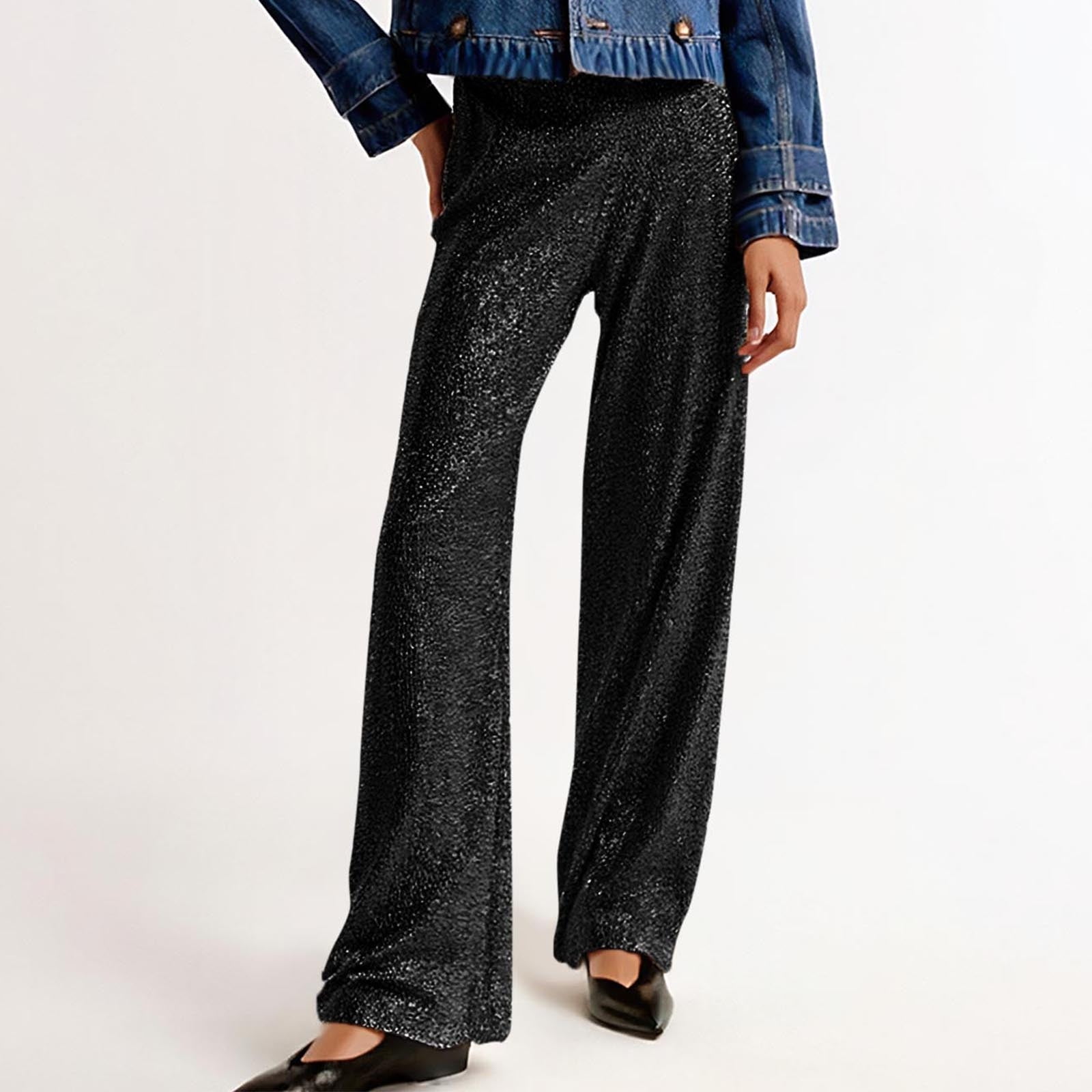 Viikei Womens Pants Plus Size,Women Sequin Wide Leg Pants Loose Casual Sparkly Tightness Looseness Waist Button Wide Legs Full Length Pants Black XXXL