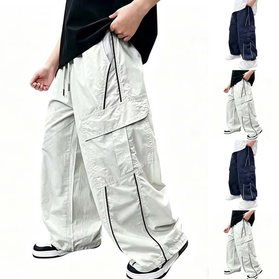 Boy's Baggy Cargo Pants Elastic Waist Casual Loose Sweatpants Wide Leg Parachute Track Pant Size 120-170 White