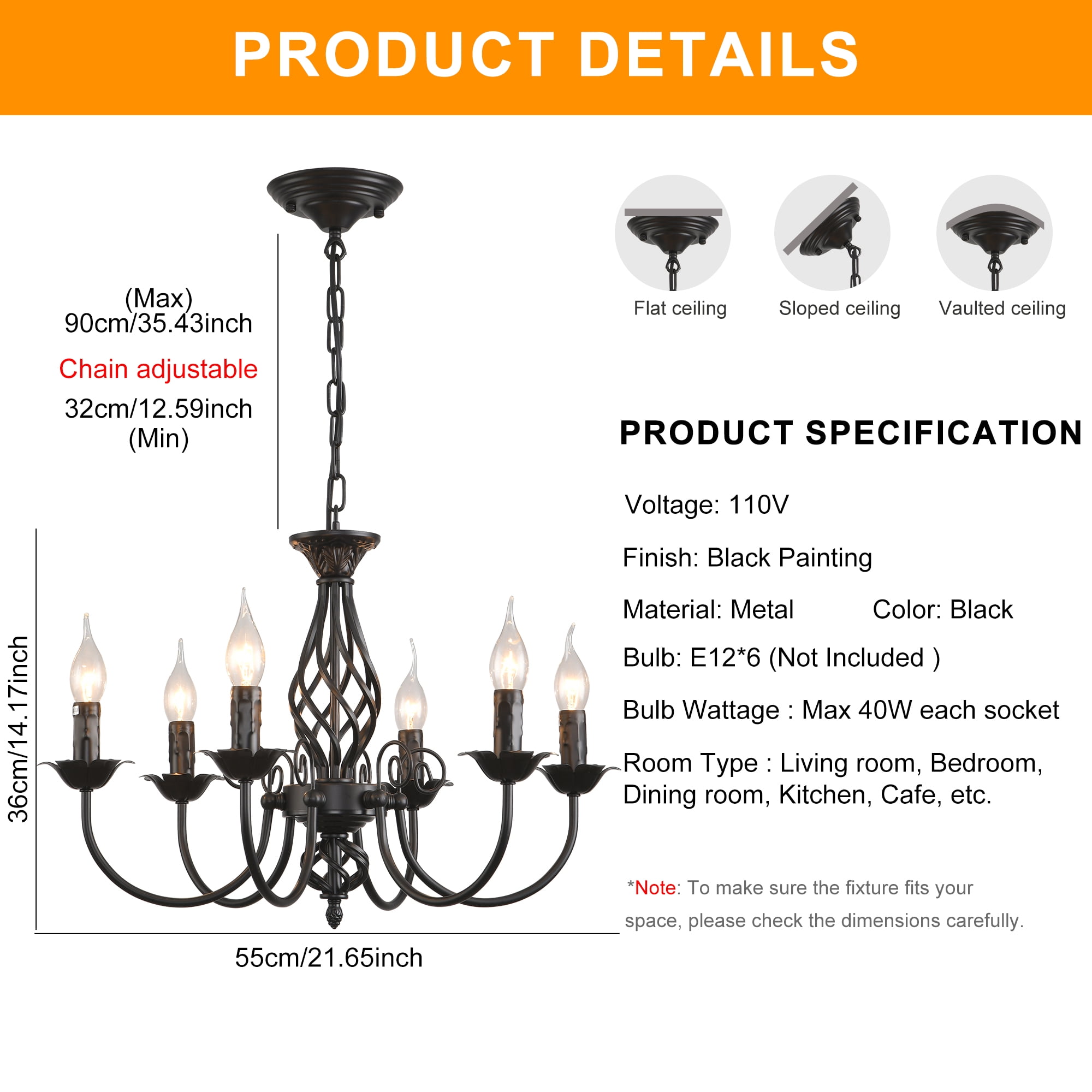 Garwarm 22.8 in. 6-Light Vintage French Country Chandelier, Farmhouse Candle Pendant Light Fixture for Kitchen Island Dining Room Living Room