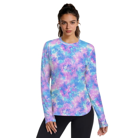 Blue and Purple Watercolor Tie Dye Women UPF 50 UV Shirts Long Sleeve with Thumb Holes Workout Sun Shirt Quick Dry Athletic Hiking Tops