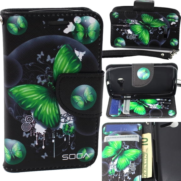 Pixi Eclipse Case, Alcatel OneTouch Pixi Eclipse Wallet Case, SOGA [Pocketbook Series] PU Leather Magnetic Flip Design Wallet Case for Alcatel One Touch Pixi Eclipse (A462C) - Green Butterfly