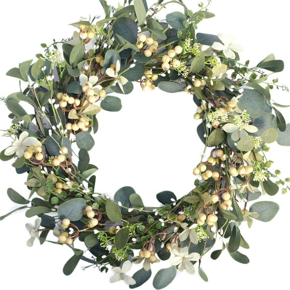 Idyllic 20 Inch Artificial Eucalyptus Wreath Berry Wreath Green Leaf Eucalyptus Wreath Spring Summer Wreath for Front Door Window Hanging Wall Party Decorations