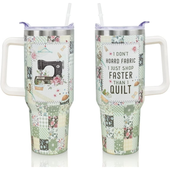 40oz Insulated Tumbler with Handle & Straw - Quilting Sewing Theme Travel Coffee Mug, Great Christmas Birthday Gift for Quilters, Sewing Lovers, Women & Friends
