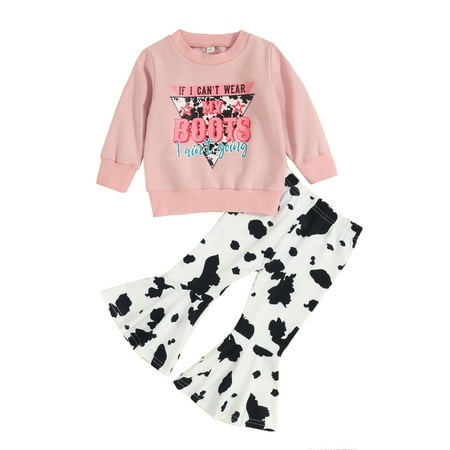 

Toddler Western Baby Girl Clothes Bell Bottom Outfits Long Sleeve Letter Print Sweatshirt + Flared Pants Fall Outfit