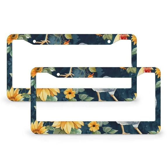 License Plate Frame Chickens And Sunflowers On A Navy Blue Background Car Front License Plate Frame 2 Pack Cute Rooster Aluminum License Plate Frames for US And CA