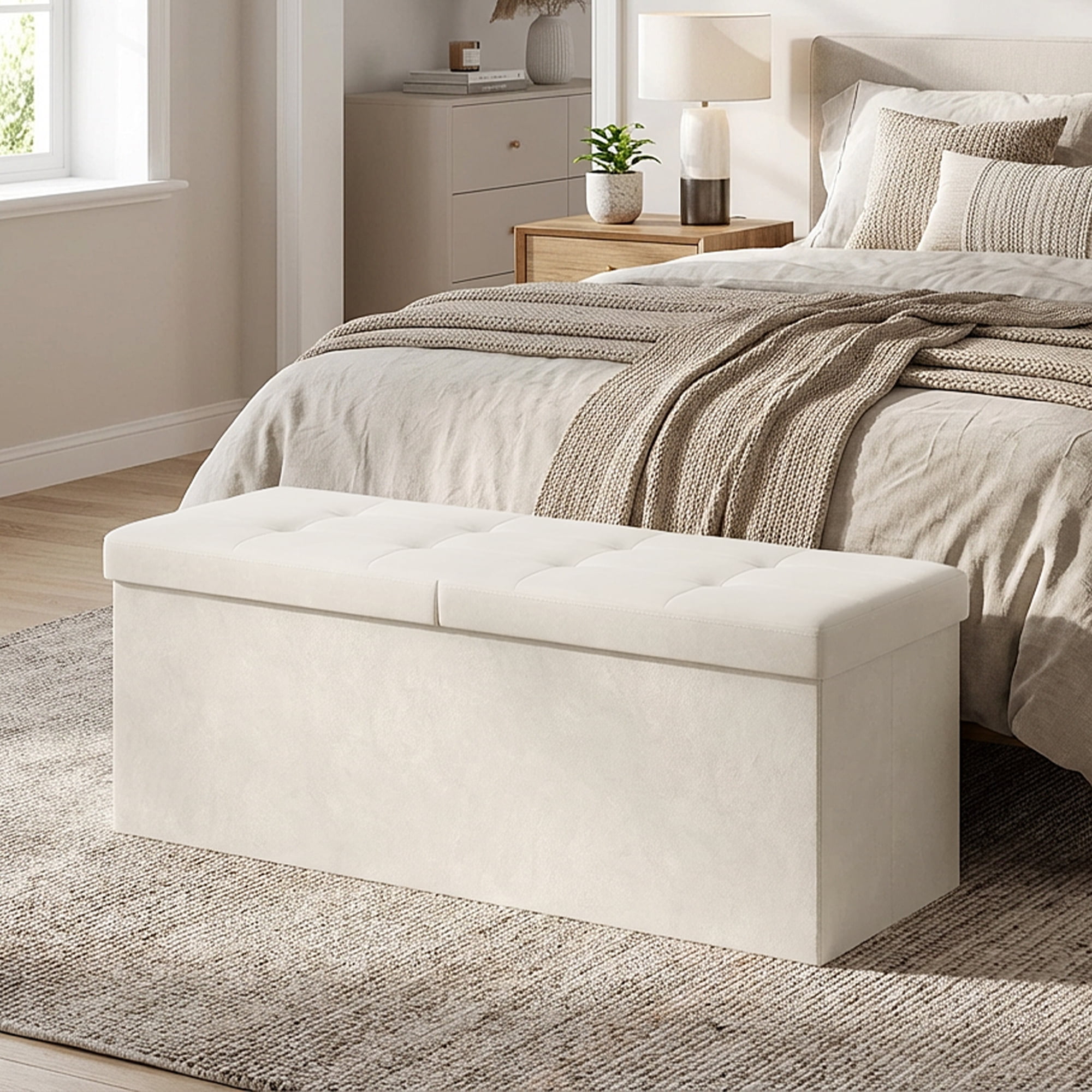 LEDREM 43-Inch Foldable Storage Ottoman Bench with Flipping Lid, Velvet Fabric, 35-Gallon Storage, 660 lb Capacity, Cappuccino Beige