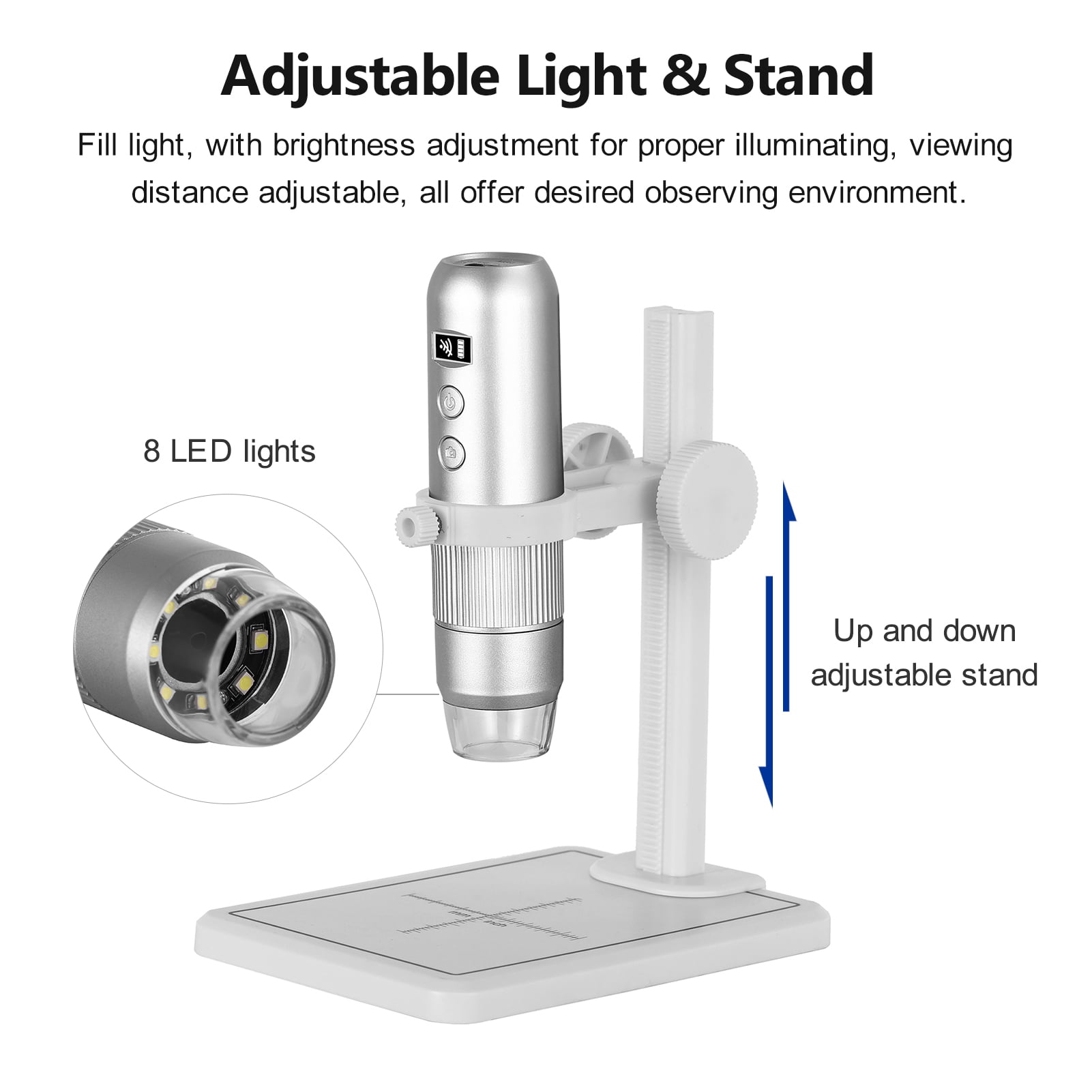 Yehyep WiFi USB Microscope 50X-1000X Digital Handheld Microscope with 8 Lamp Beads & Pedestal/HD Color CMOS Sensor/Working Time 1.5 Hours for Android 4.2 and iOS 8.0 Or Later 