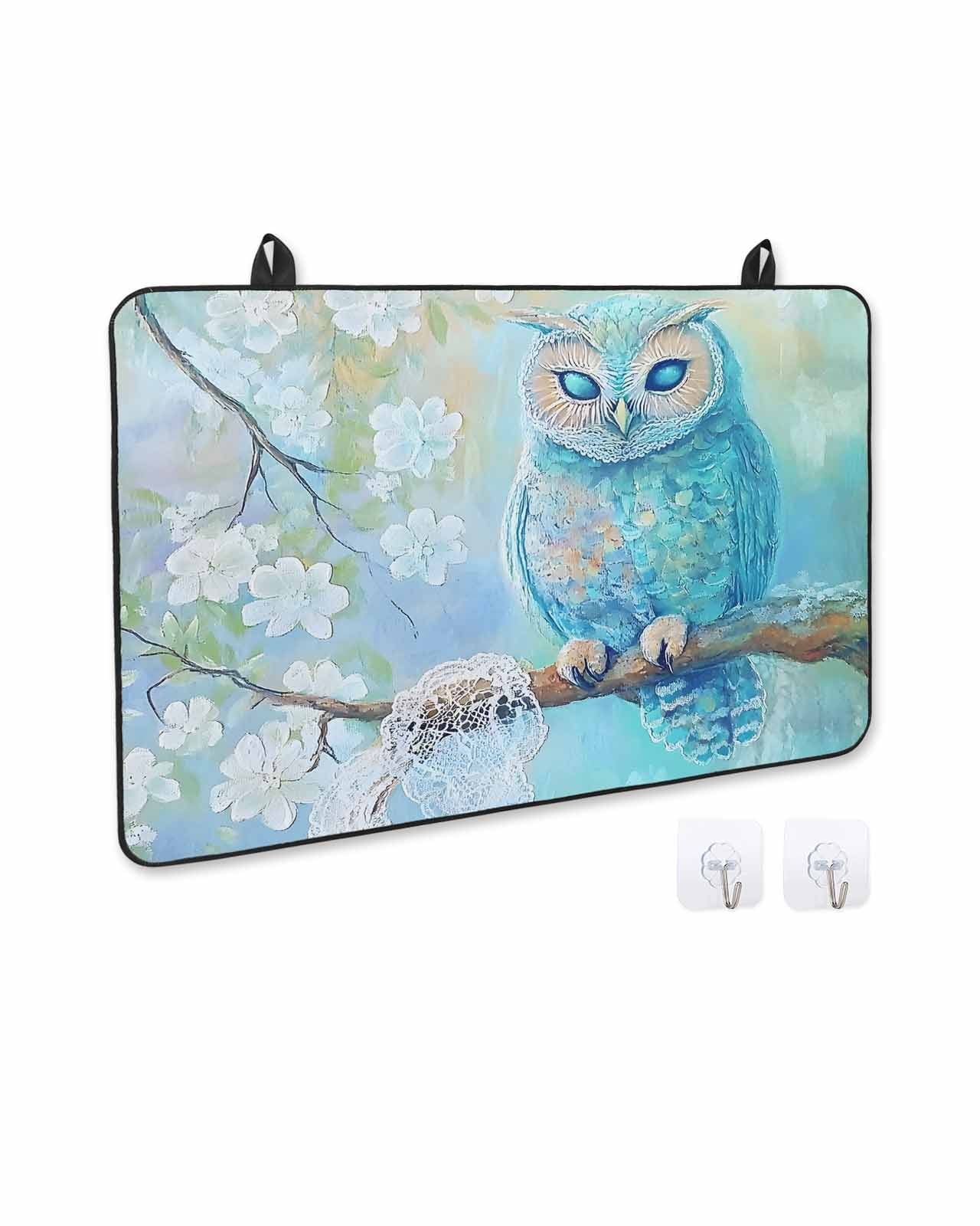 nqOlkjepod Large Induction Cooktop Protector Mat 36"x21", Teal Blue Owl Stove Top Covers for Electric Stove, Modern Flowers Birds on Branch Decorative Stove Burner Cover Mats, Glass Top Stove Cover