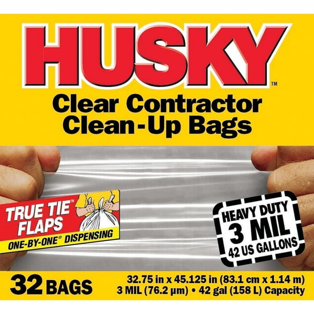 Husky HC42WC032C Heavy Duty CleanUp Trash Bag, 42 gal, 451/8 in L x 323/4 in W x 3 mil T