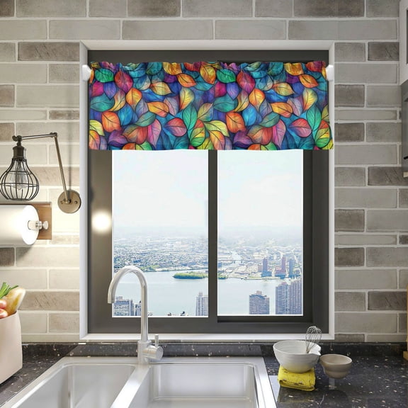 Yayeee Kitchen Valance Rod Pocket 54" x 18" Living Room Window Curtain, Vibrant Art Leaves Pattern