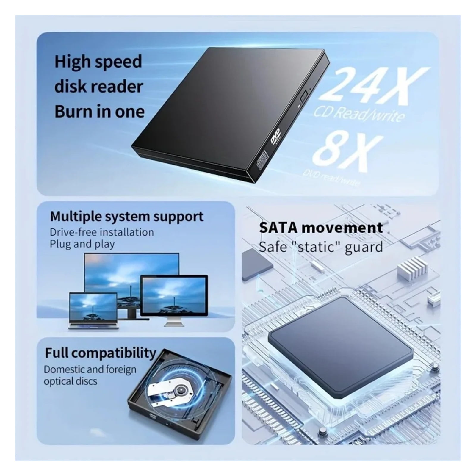 USB3.0 CD/DVD Drive-Smooth External Drive with Multiple Optical Disk Support,for Laptop - Portable & Quiet