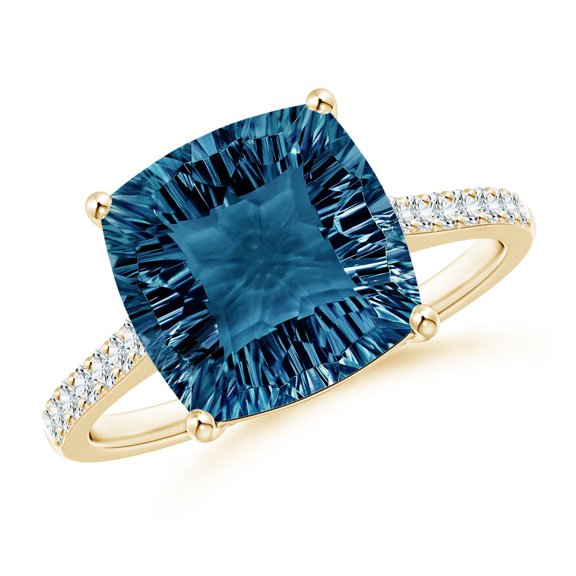 ANGARA Natural Cushion 4.2 ct London Blue Topaz Ring with Diamonds in 14K Yellow Gold for Women (Size-10mm) | November Birthstone, Anniversary, Jewelry Gift for Women | Natural London Blue Topaz Ring