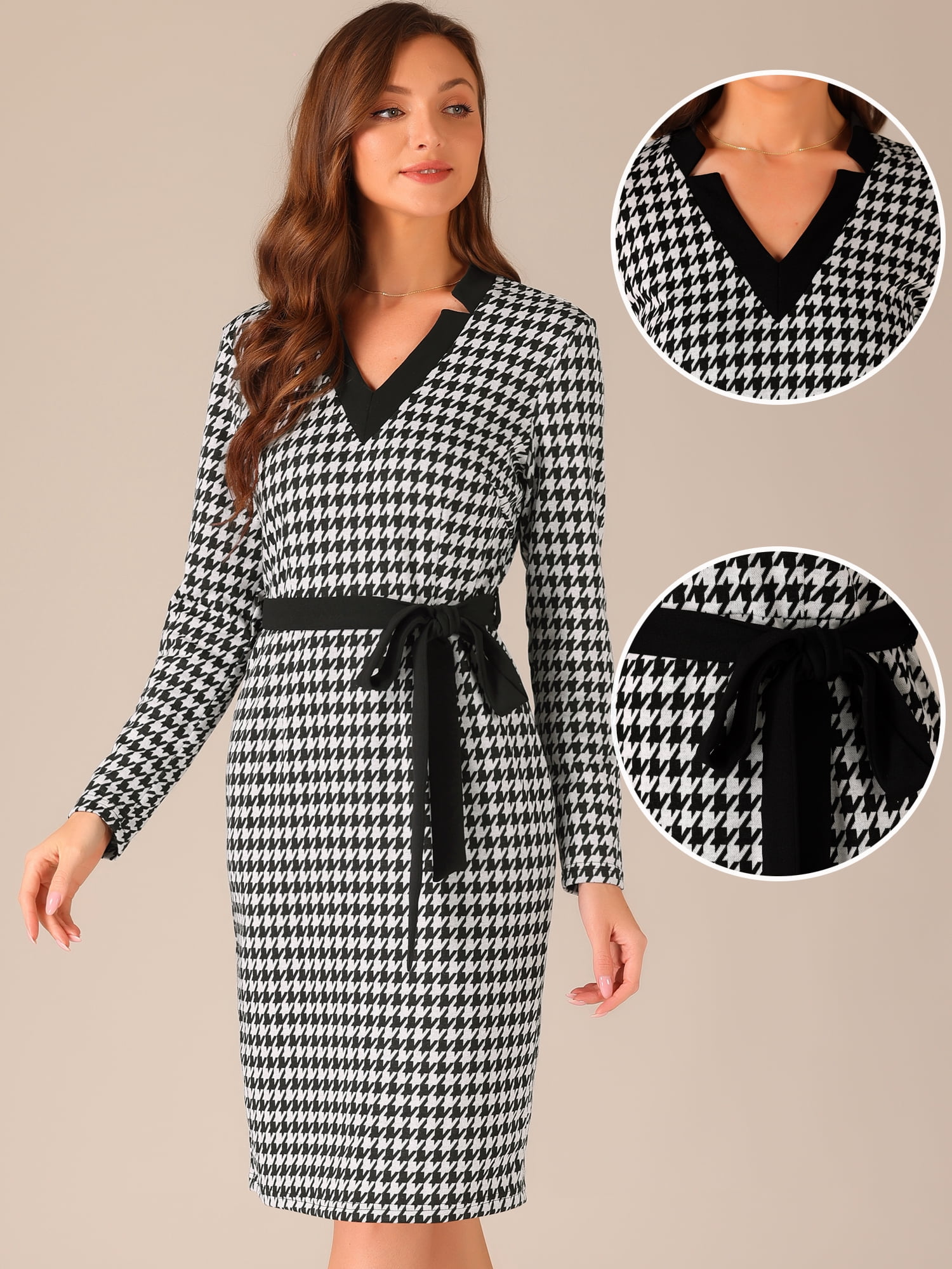 DARING DIVA V Neck Houndstooth Knit Belted Pencil Dress S Black