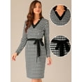 thumbnail image 2 of DARING DIVA V Neck Houndstooth Knit Belted Pencil Dress XS Black, 2 of 6