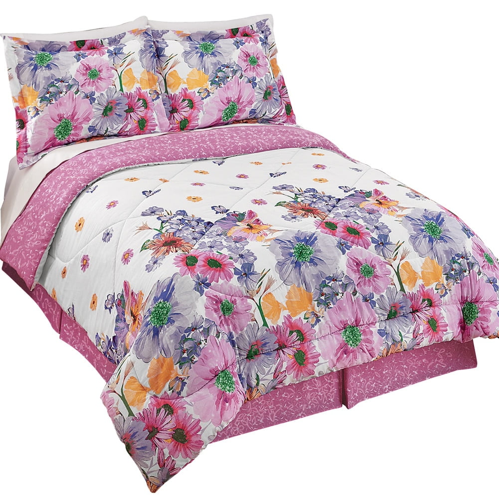 Purple And Pink Floral Mia Comforter Set With Bedskirt, Twin, Multi