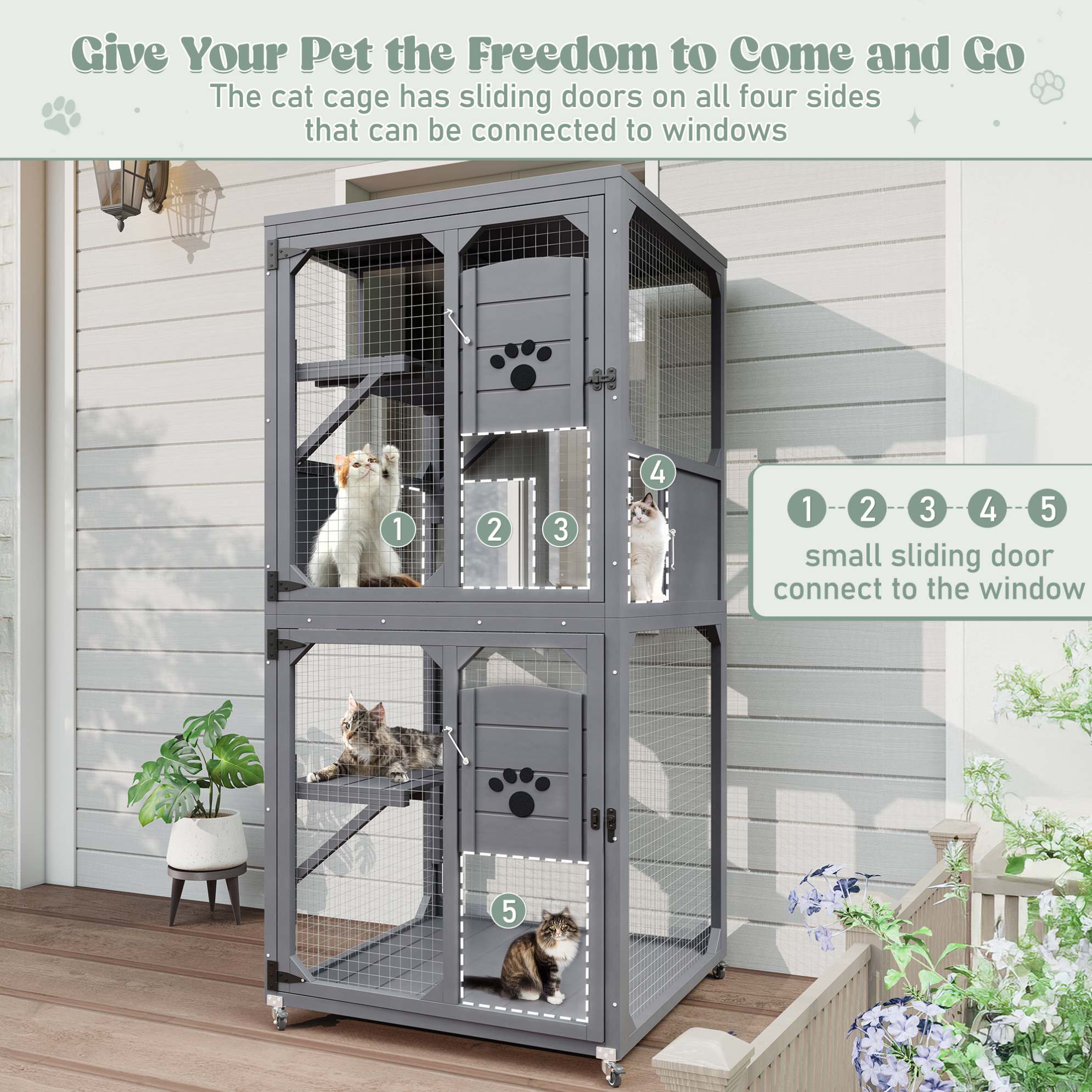 Outdoor Cat Enclosure with Window Access, 4-Tier Cat House with Wheels, Waterproof Roof and Resting Box for Large Indoor Cats, Gray