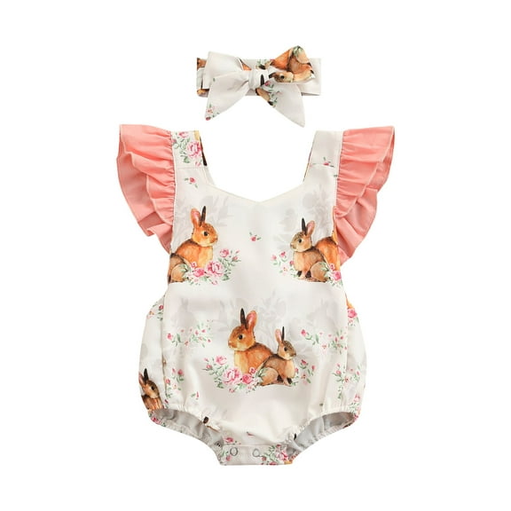 Wassery Infant Baby Girls Easter Romper Dresses Floral Rabbit Print Fly Sleeve Round Neck Jumpsuit Crotch Snap Buttons Headband 0-24M