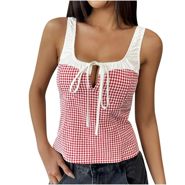 Plebaso Débardeurs Mignons pour Femmes Sans Manches Cami Tops à Nouer devant Col Carré T-Shirts à Carreaux d'Été