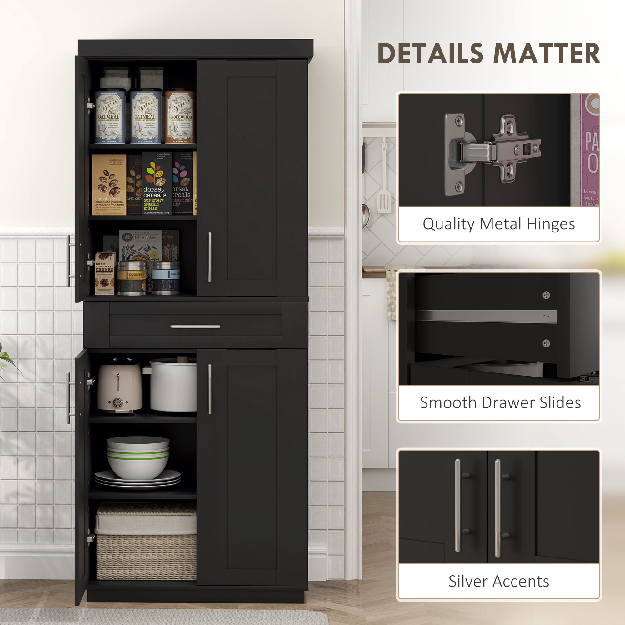 HOMCOM Tall Kitchen Pantry Freestanding Cabinet Cupboard with Doors and Drawer, Adjustable Shelving, Black