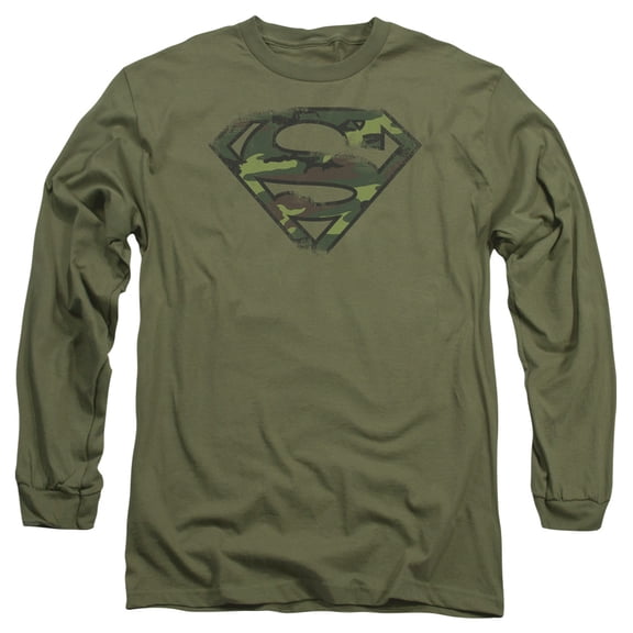 Superman Distressed Camo Shield Long Sleeve Adult 18/1 T-Shirt Military Green