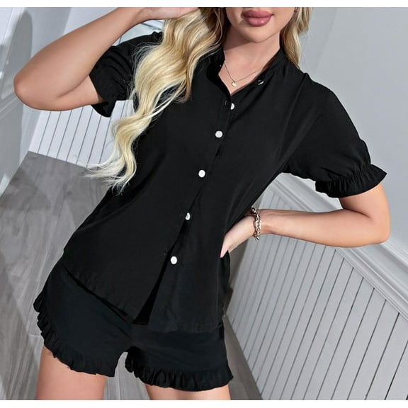 ebukurty Black Pajamas for Women 2 Piece Peplum Short Sleeve Sleepwear, Sizes S-XL