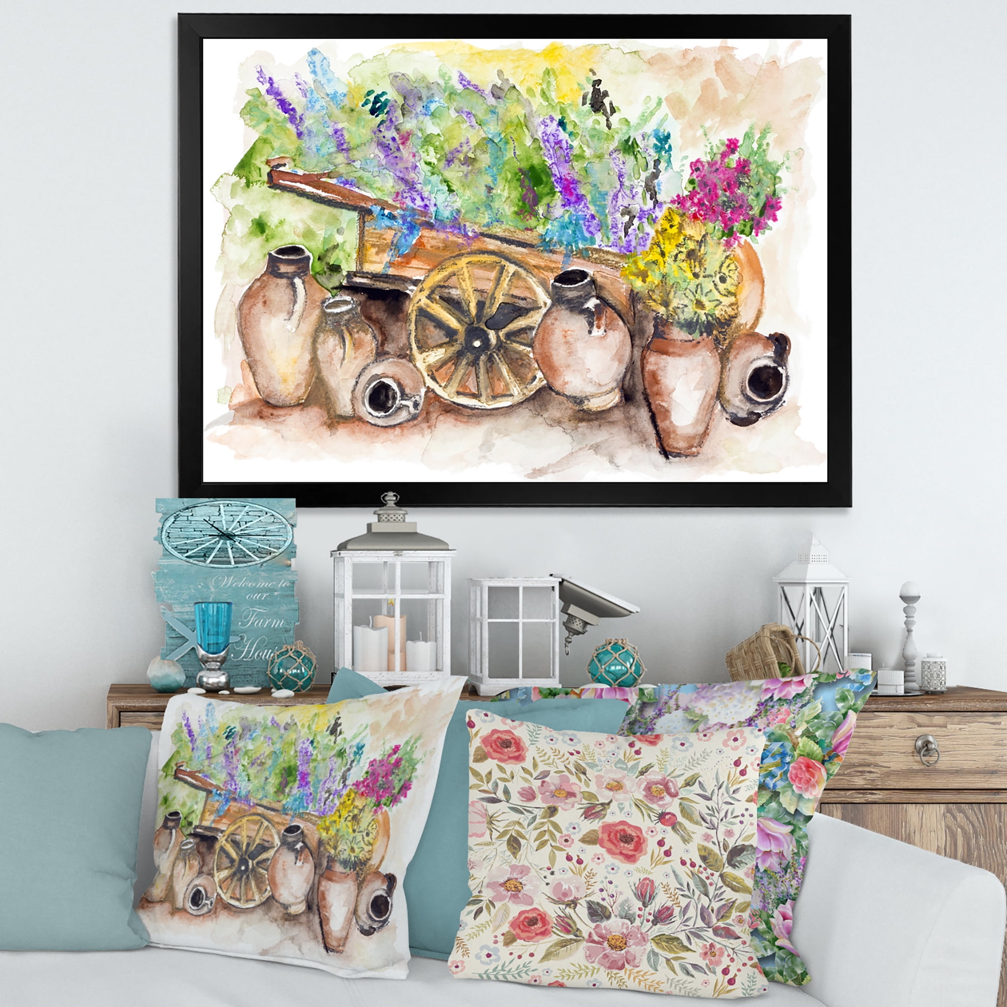 Designart 'Lavender Flowers On Ancient Cart Illustration' Traditional Framed Art Print