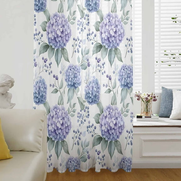 Blue Purple Spring Floral Semi Sheer Curtains Drapes for Living Room, Bedroom, French Doors Window 96 Inches Long, Summer Botanical Elegant Rod Pocket Chiffon Curtain Drapery Voile Draperies Panel
