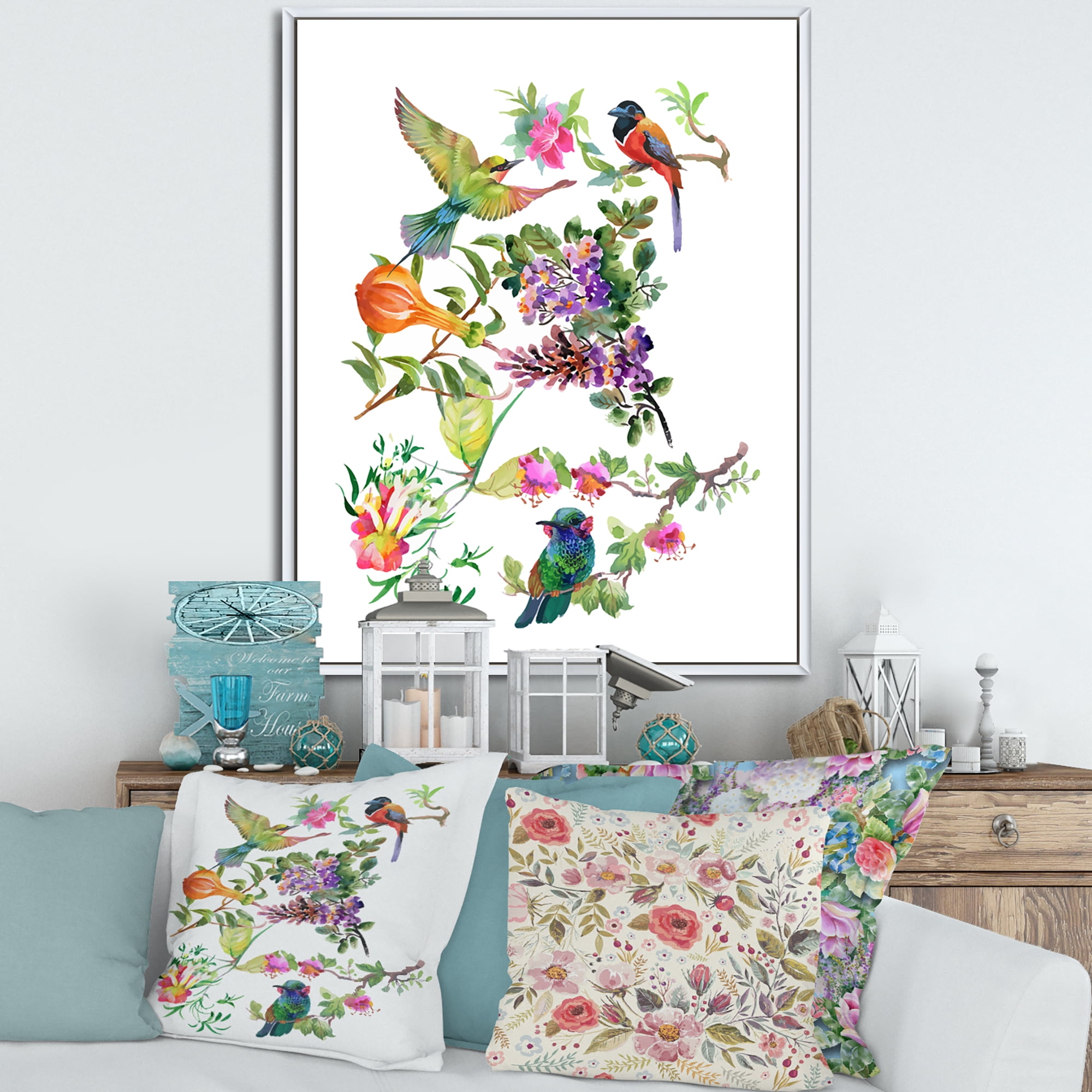 Colourful Birds and Tropical Flowers II 24 in x 32 in Framed Painting Canvas Art Print, by Designart