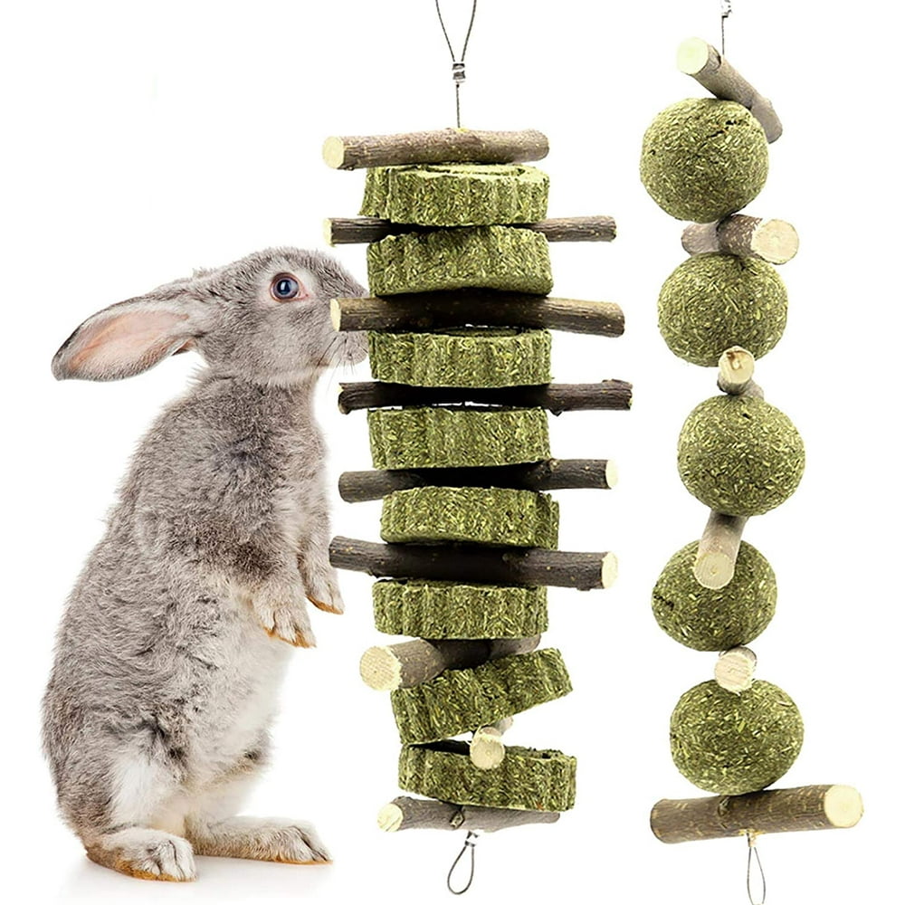Bunny Chew Toys, Natural Apple Wood Organic Timothy Hay Balls Grass Cakes Guinea Pigs Hamsters