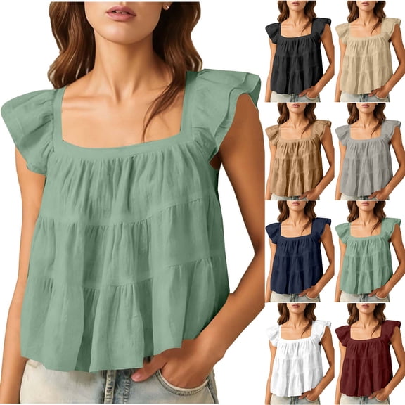 Otntypg Women's Casual Summer Square Neck Tank Tops Ruffle Strap Sleeveless Flared Hem Blouse Loose Fit Cotton and Linen Cropped Beach Vacation Tees Top Shirts Black S
