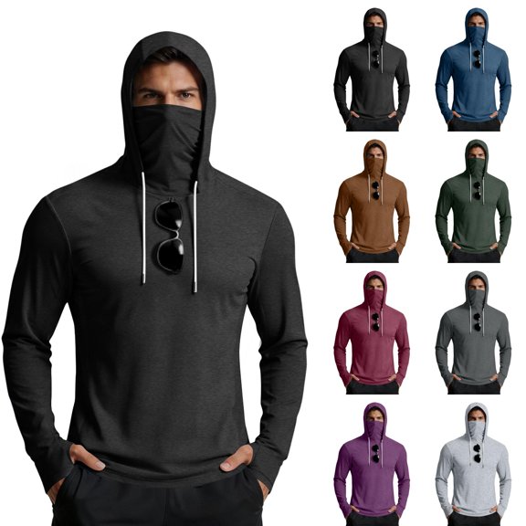 Men's Sun Protection Hoodie with Built-in Face Mask and Long Sleeves Featuring Ice Silk Fabric in Black Blue Brown Green for Summer Fishing Hiking Cycling or Outdoor Work Black L