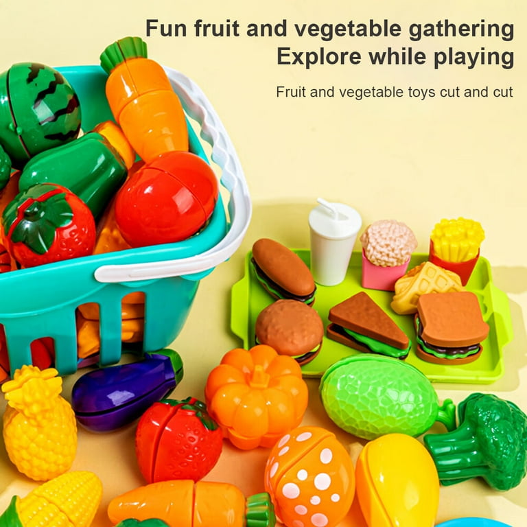 25PCS Cutting Play Food Sets for Kids Kitchen Toy Food Cutting Toys Fruits and Vegetables with Storage Basket Fake Food Pretend Play Kitchen
