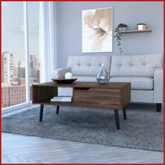 Dark Walnut Coffee Table with 46.11'' Top, Open Shelf & Drawer – Space-Saving Storage for Living Room