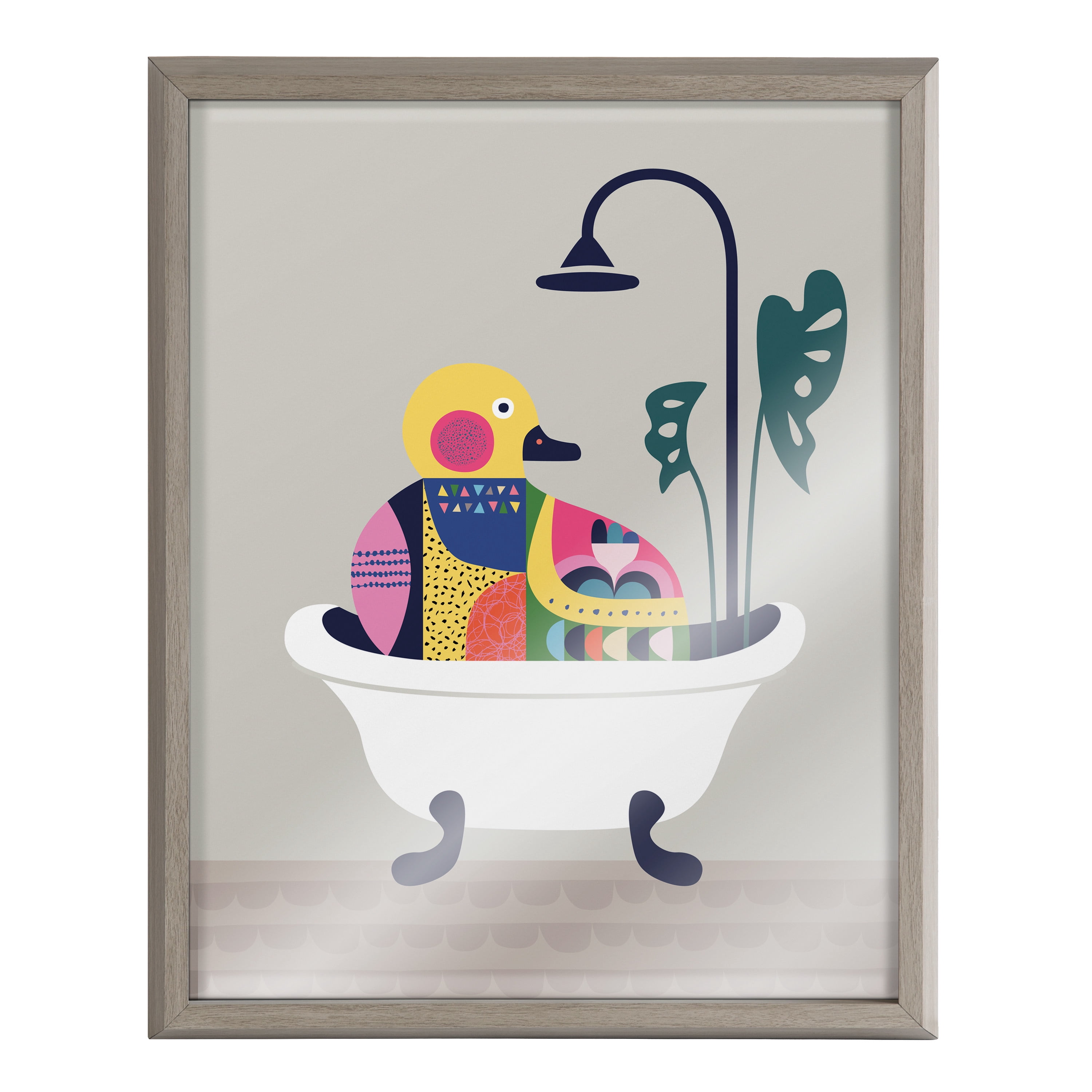 Kate and Laurel Blake Mid Century Modern Duckie in the Tub Framed Printed Glass Wall Art by Rachel Lee of My Dream Wall, 16x20 Graywash, Adorable Animal Art for Wall