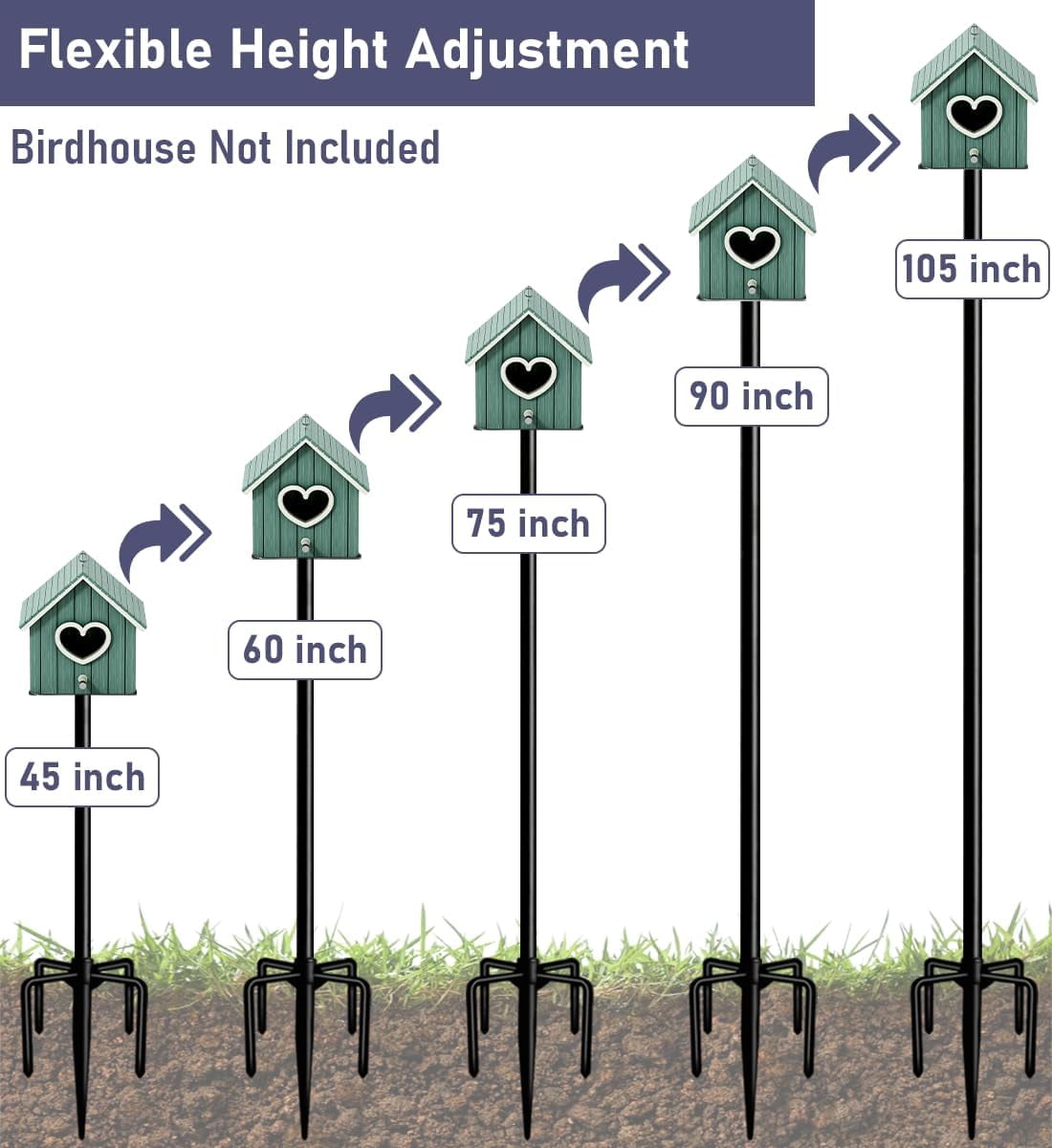 105 Inch Smart Bird Feeder Pole with 5-Prong Base, Adjustable Bird House Pole Mount Kit for Outdoors, Heavy Duty Bird Feeder Stand for Wild Birds Watching, Black