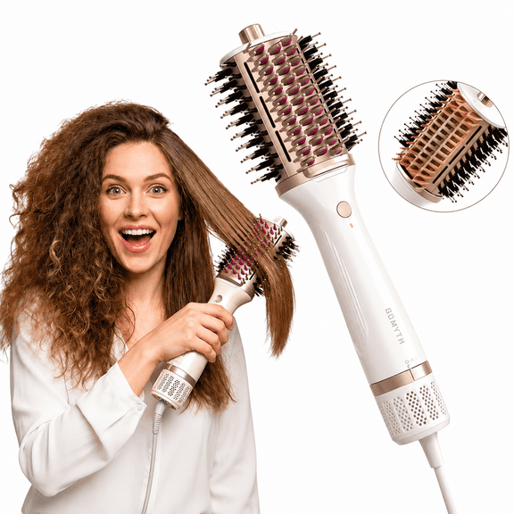 GOMYTH Round Blow Dryer Brush, 5-in-1 Volumizer Curling Straightener Heated Comb for Women, Ionic Anti-Frizz Hot Air Brush for Styling, Detangling