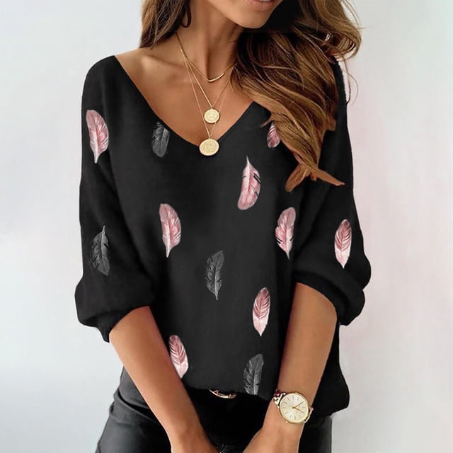 Mikilon Blouse à Manches Longues Imprimée pour Femmes, Col en V, Tunique Chandail
