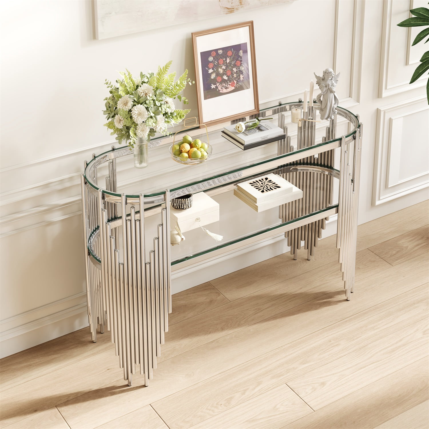 Hommoo Modern Oval Console Table with 2-Tier Tempered Glass Shelves, Stainless Steel Entryway Table for Hallway, Living Room & Behind Sofa, Sliver